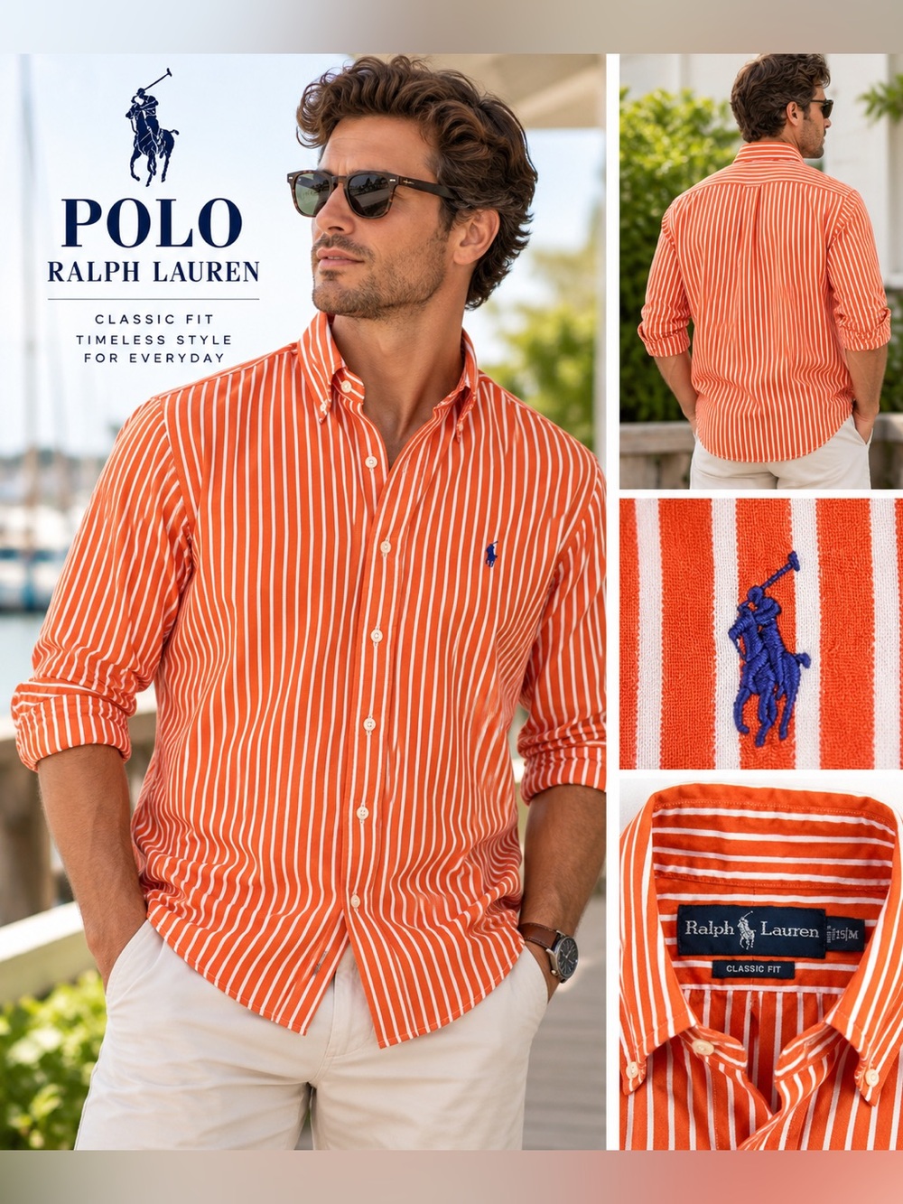 Ralph Lauren Classic Fit Men’s M Orange White Stripe Button Down Shirt Pony